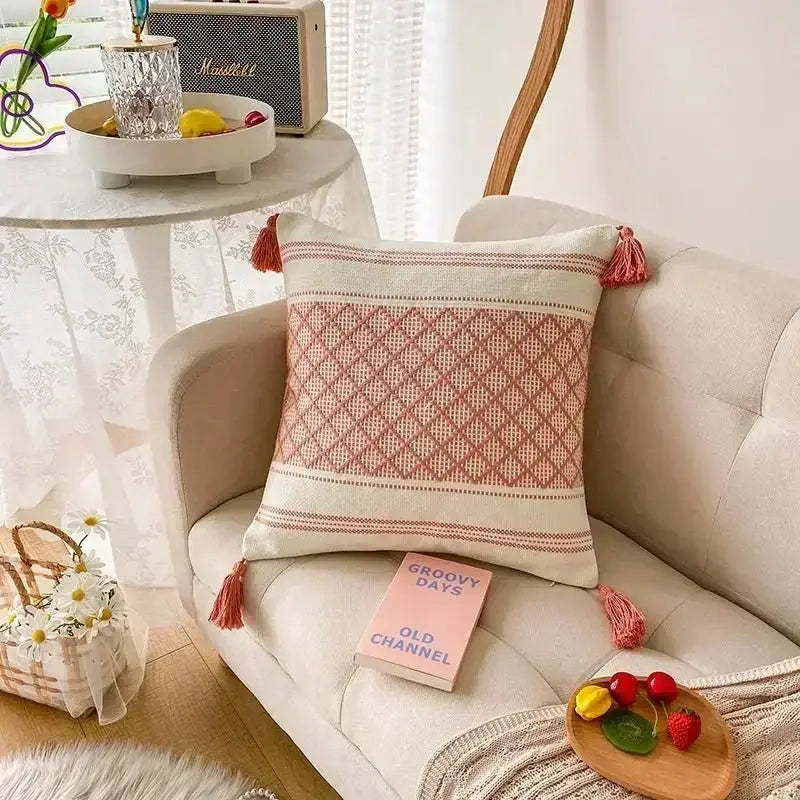 Beige cushion cover with pink geometric tufted tassel embroidery for decorbites geometric tufted tassel living room decor