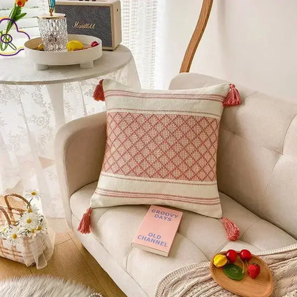 Beige cushion cover with pink geometric tufted tassel embroidery for decorbites geometric tufted tassel living room decor