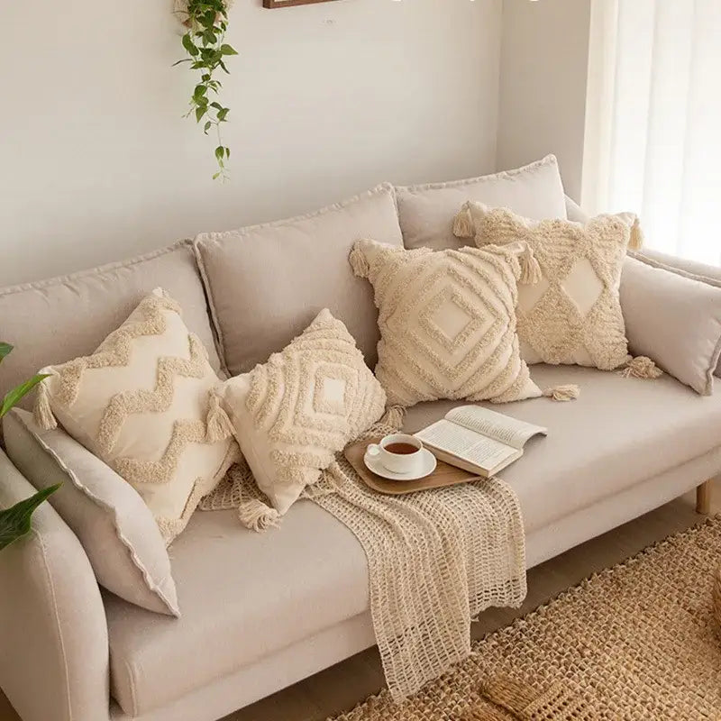 Beige cotton linen geometric tufted tassel pillowcases with textured patterns for living room decorbites decor