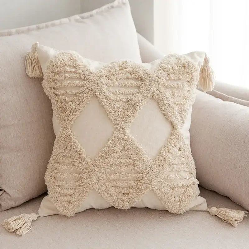 Cream-colored geometric tufted tassel pillowcases in beige cotton linen for living room decorbites decor