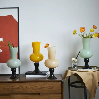 Three ceramic vintage glass vases with bulbous bodies mustard and cream decorbites geometric vintage living room decor
