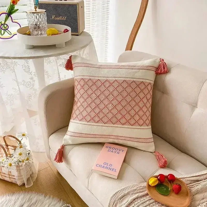 Beige and pink geometric waves tufted pillow cover with woven texture and tassels for decorbites pillow covers in bedroom decor