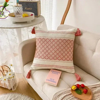 Beige and pink geometric waves tufted pillow cover with woven texture and tassels for decorbites pillow covers in bedroom decor