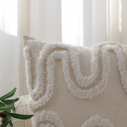 Cream-colored pillow cover with textured fringed design featuring decorbites geometric waves tufted pattern for bedroom decor