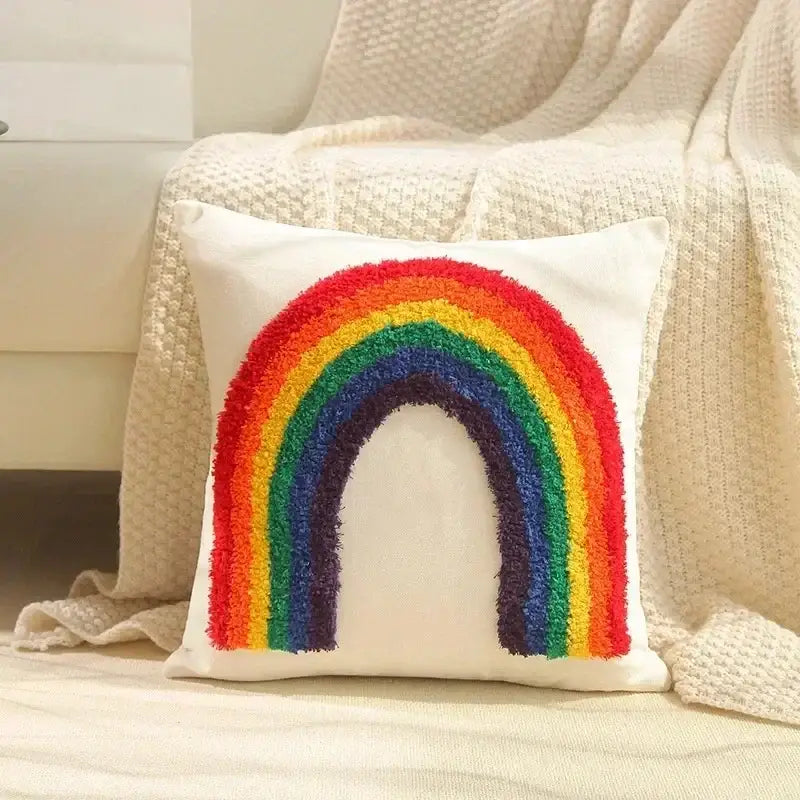 Cozy cream geometric waves tufted pillow cover with vibrant textured rainbow design for bedroom decorbites pillow covers
