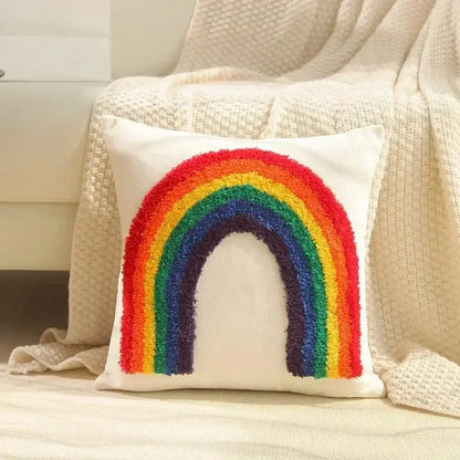 Cozy cream geometric waves tufted pillow cover with vibrant textured rainbow design for bedroom decorbites pillow covers