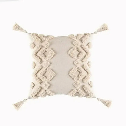Beige square pillow cover with textured diamond pattern and tassels part of decorbites geometric waves tufted collection