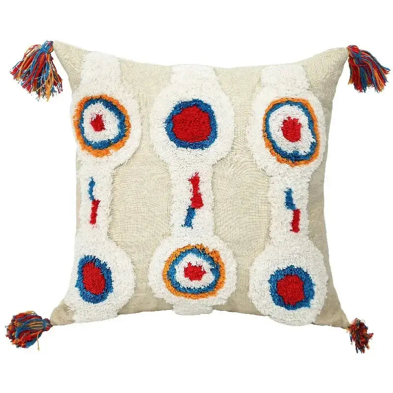 Beige geometric waves tufted pillow cover with colorful embroidered circles and multicolored tassels for decorbites decor