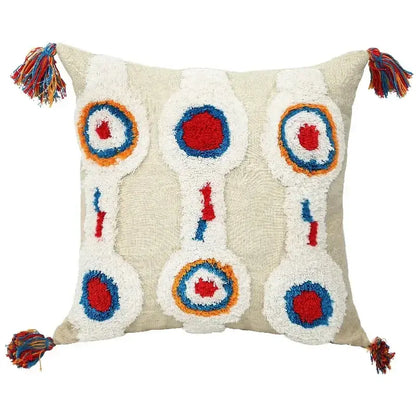 Beige geometric waves tufted pillow cover with colorful embroidered circles and multicolored tassels for decorbites decor