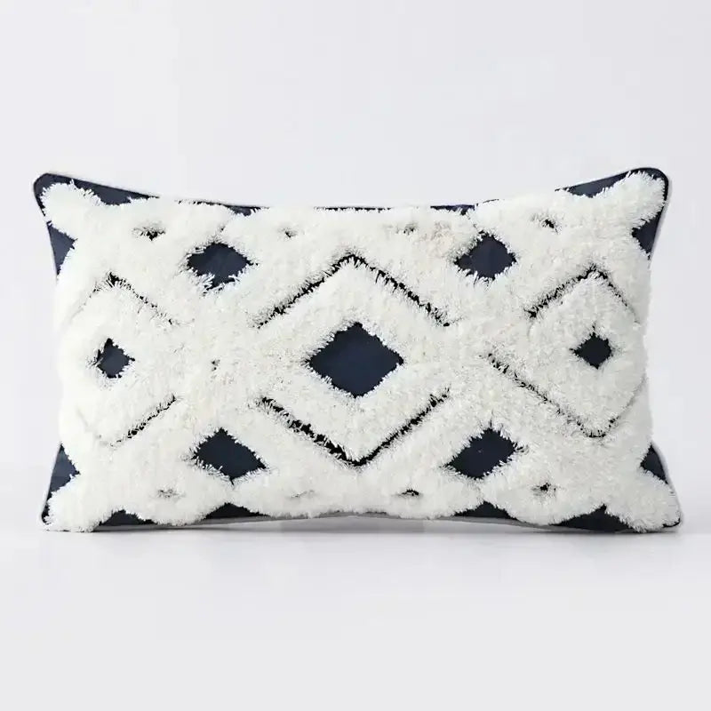 Rectangular pillow covers with plush white and navy blue geometric waves tufted diamond pattern for bedroom decorbites