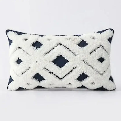 Rectangular pillow covers with plush white and navy blue geometric waves tufted diamond pattern for bedroom decorbites