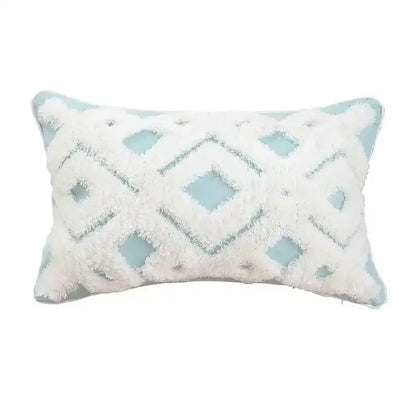 A rectangular cream pillow cover with soft fluffy texture and light blue geometric waves tufted design decorbites pillow covers