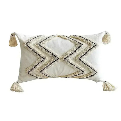Cream-colored rectangular pillow cover with black and cream geometric waves tufted embroidery and tassels for bedroom decorbites decor