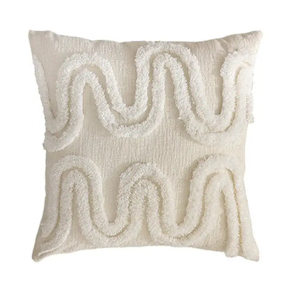 Cream-colored pillow cover with textured wavy embroidered patterns in soft plush fabric for decorbites geometric waves tufted decor