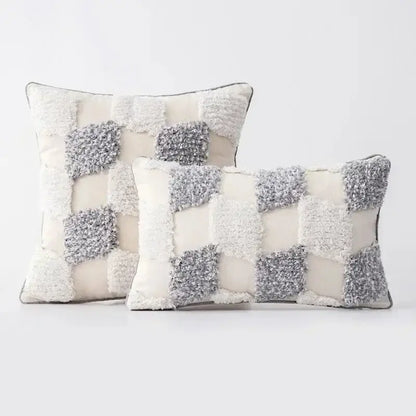 Cream and gray textured pillow covers with geometric waves tufted design and fringe for cozy bedroom decorbites decor