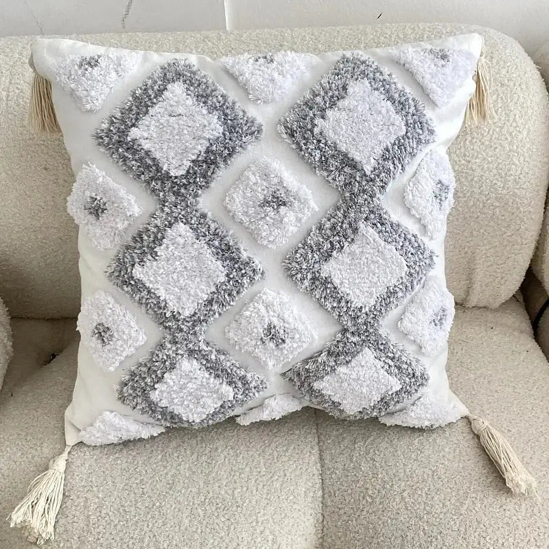 White and gray geometric waves tufted pillow cover with textured fluffy tassels for bedroom decorbites pillow covers