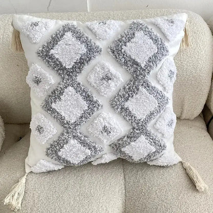White and gray geometric waves tufted pillow cover with textured fluffy tassels for bedroom decorbites pillow covers