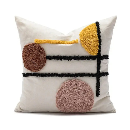Cream-colored geometric waves tufted pillow cover with abstract textured embroidery and fringe for bedroom decorbites decor