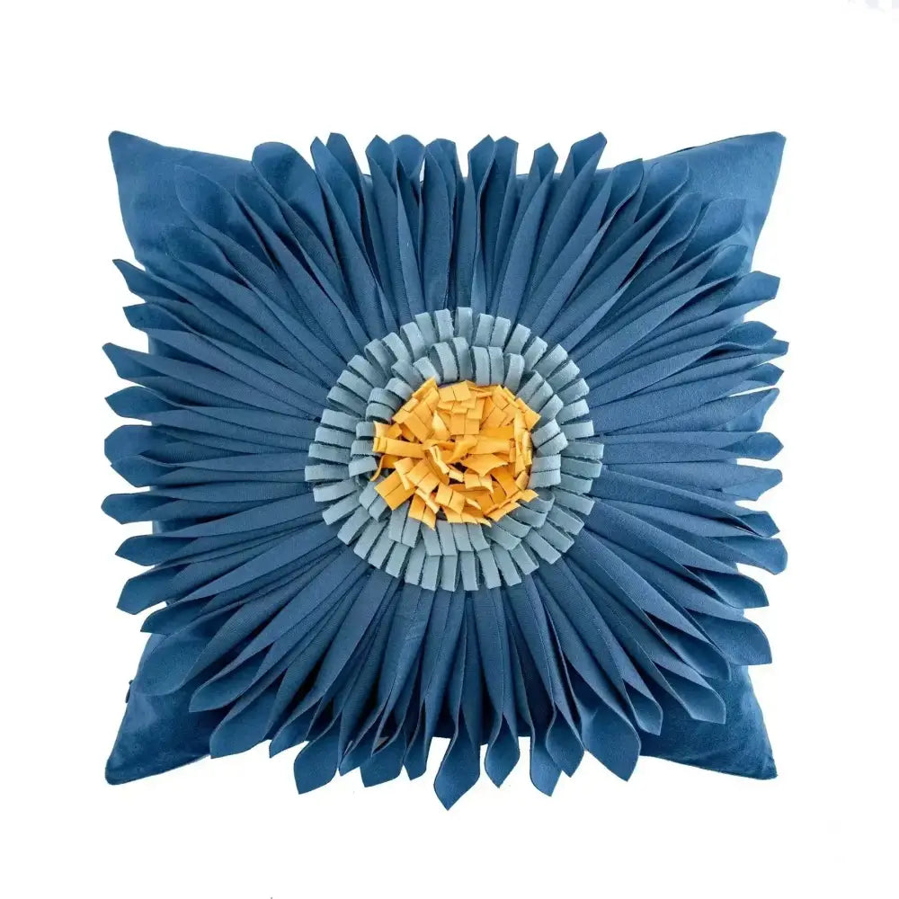 Blue floral cushion with layered petal design and yellow center complementing decorbites geometric waves tufted pillow covers