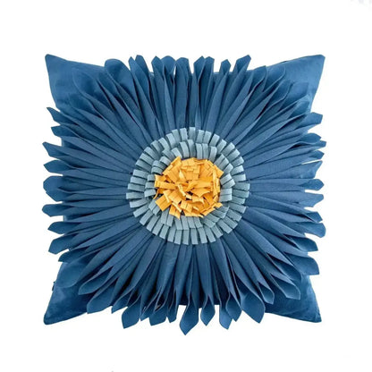 Blue floral cushion with layered petal design and yellow center complementing decorbites geometric waves tufted pillow covers