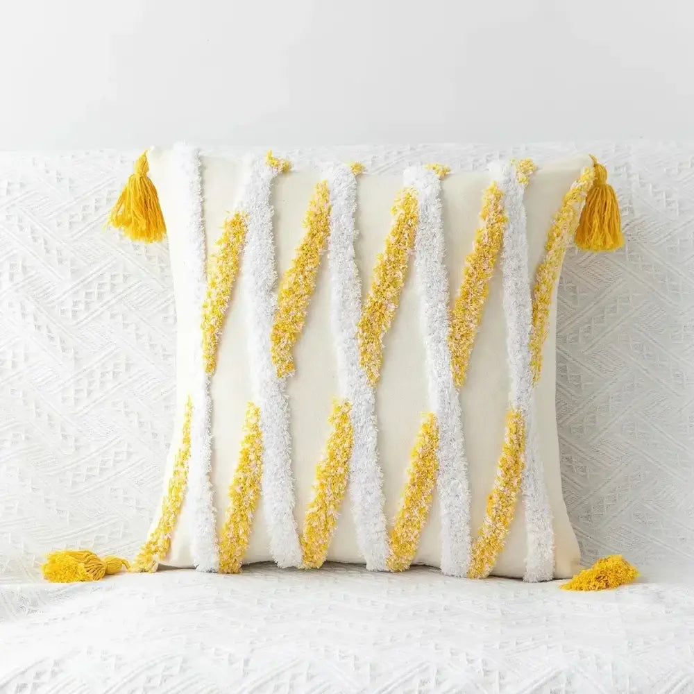 Cream-colored geometric waves tufted pillow covers with textured yellow and white tassels for bedroom decorbites decor