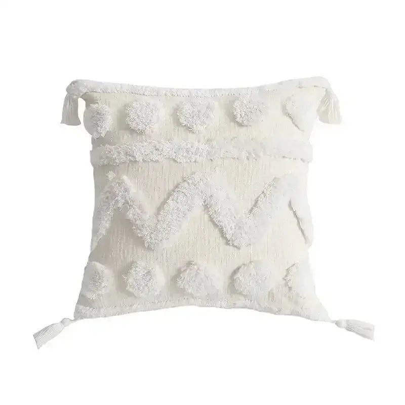 Cream-colored geometric waves tufted pillow covers with textured fringe pom-poms for bedroom decorbites decor