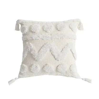 Cream-colored geometric waves tufted pillow covers with textured fringe pom-poms for bedroom decorbites decor