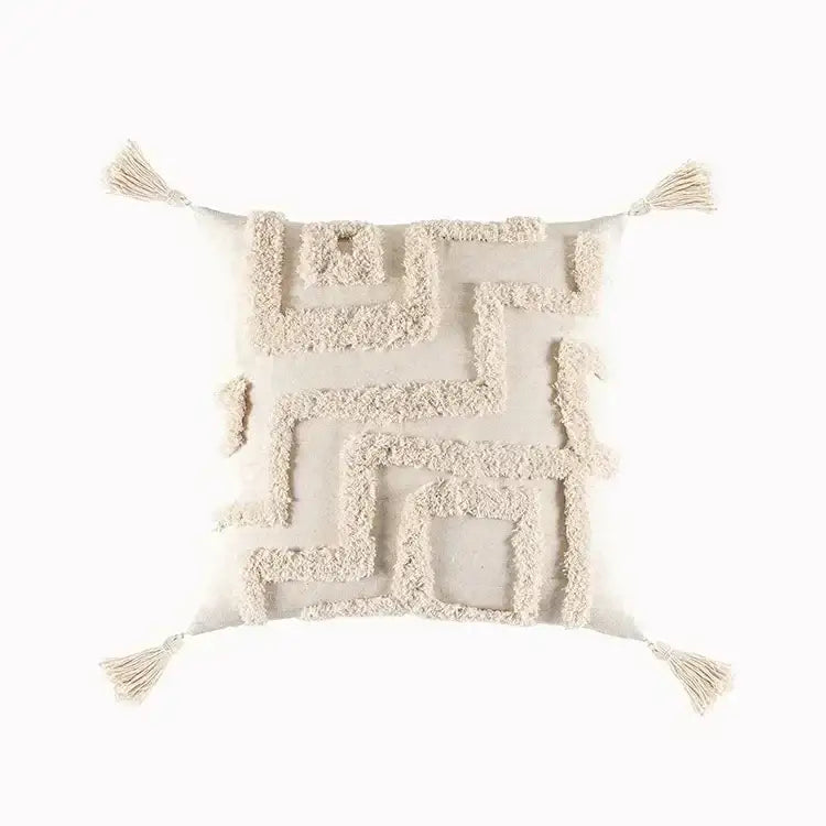 Cream-colored pillow cover with geometric waves tufted pattern and tassels for bedroom decorbites pillow covers
