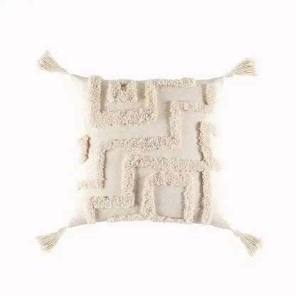 Cream-colored pillow cover with geometric waves tufted pattern and tassels for bedroom decorbites pillow covers