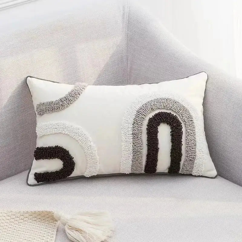 Rectangular white pillow cover featuring geometric waves tufted textured fringe in gray and black for decorbites decor