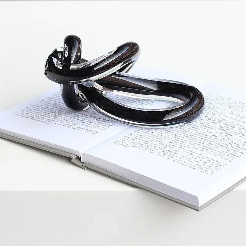 Shiny black glass twine knot sculpture with sleek intertwined design resting on open book for home decor