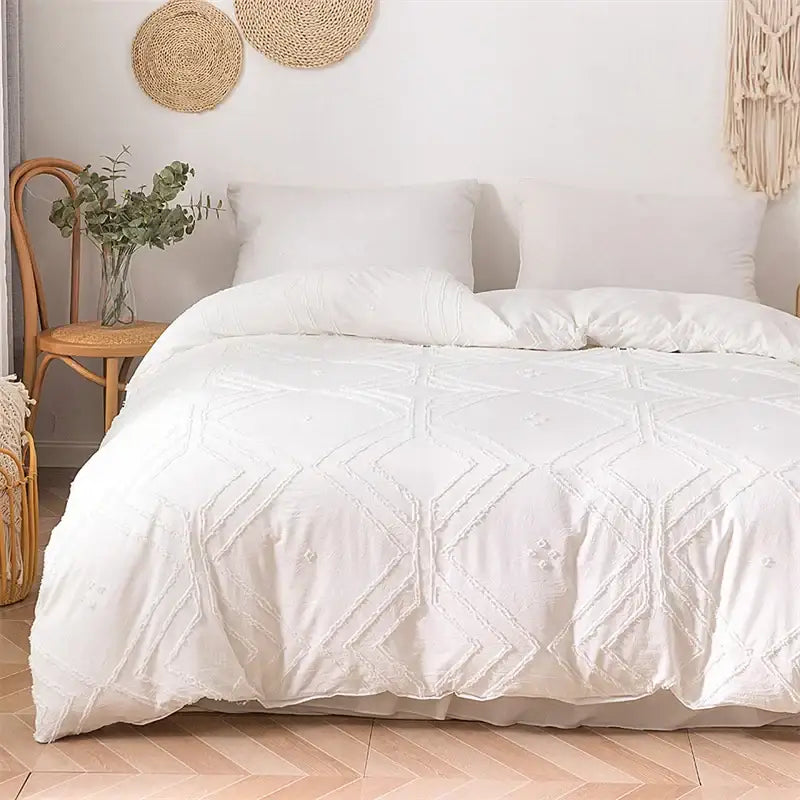 White quilted duvet cover set with geometric embroidery pattern for bedroom bedding and duvet cover use