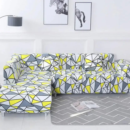 Vibrant geometric stretch sofa cover in bold yellow gray and white tones by decorbites for living room couch protection