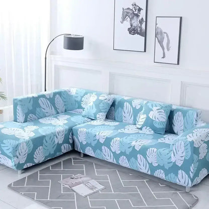 Light blue and white monstera leaf patterned stretch sofa cover by decorbites geometric stretch for living room couch protection