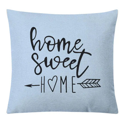 Light blue linen throw pillow cover with black home sweet home text and arrow design for decorbites geometric yellow linen set