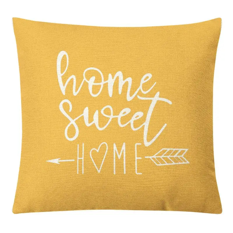 Yellow linen pillow cover with white home sweet home script and arrow decorbites geometric yellow linen design for living room decor