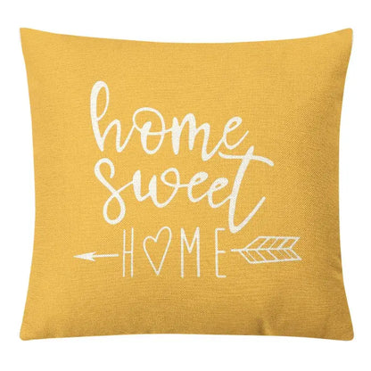Yellow linen pillow cover with white home sweet home script and arrow decorbites geometric yellow linen design for living room decor