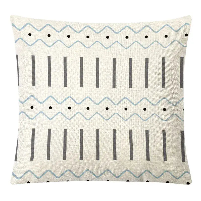 Beige geometric yellow linen pillow cover with gray lines light blue borders and black dots for decorbites autumnal decor