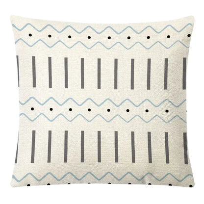 Beige geometric yellow linen pillow cover with gray lines light blue borders and black dots for decorbites autumnal decor
