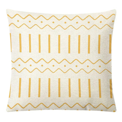 Cream-colored linen pillow cover with mustard-yellow geometric yellow linen wavy lines and stripes for autumnal decorbites decor