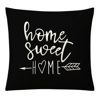 Black square pillow cover with white embroidered home sweet home text and arrow design for decorbites geometric yellow linen set