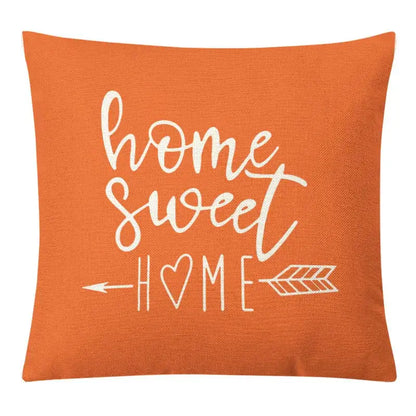 Orange linen throw pillow cover with white home sweet home script and arrow design for geometric yellow linen decorbites decor
