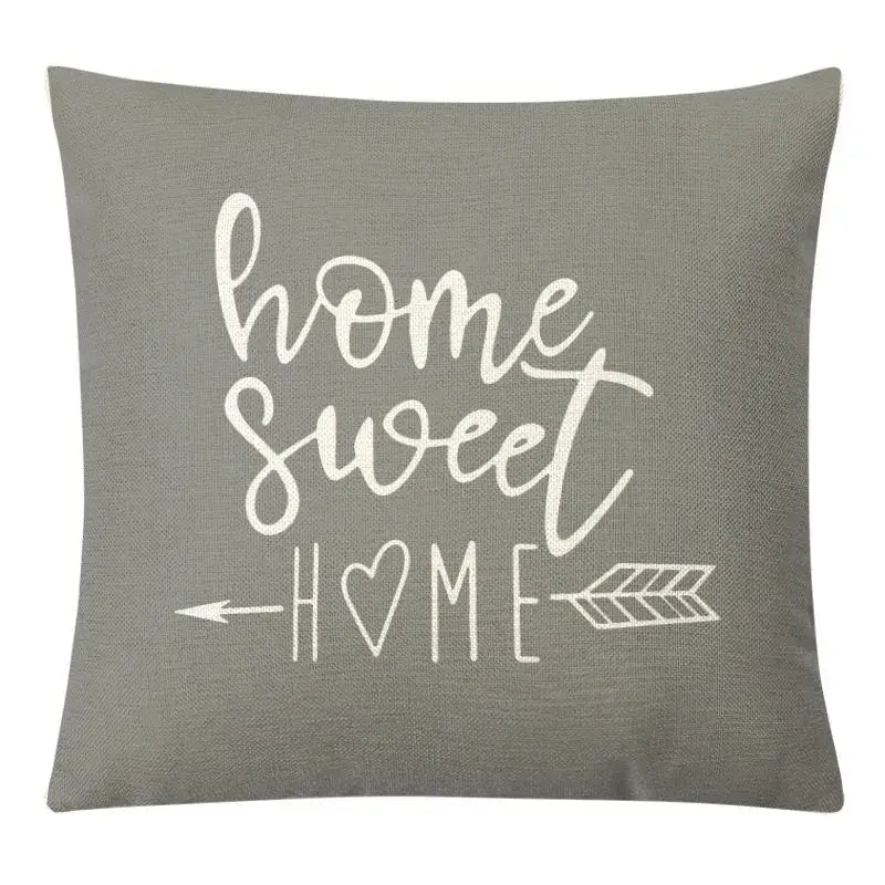 Gray linen throw pillow cover with home sweet home print and heart arrow design for decorbites geometric yellow linen set