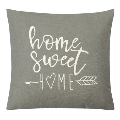 Gray linen throw pillow cover with home sweet home print and heart arrow design for decorbites geometric yellow linen set