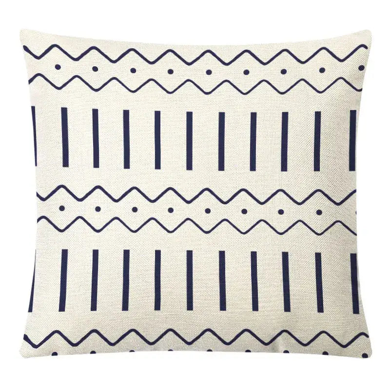 Beige linen throw pillow with navy blue geometric patterns in a decorbites geometric yellow linen pillow cover set for living room decor