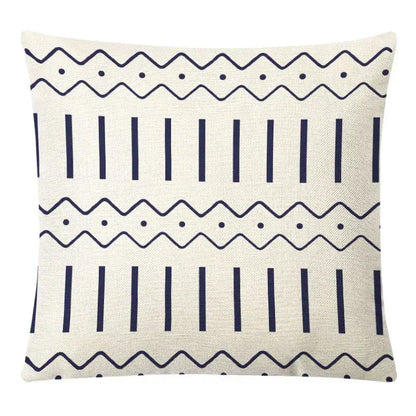 Beige linen throw pillow with navy blue geometric patterns in a decorbites geometric yellow linen pillow cover set for living room decor