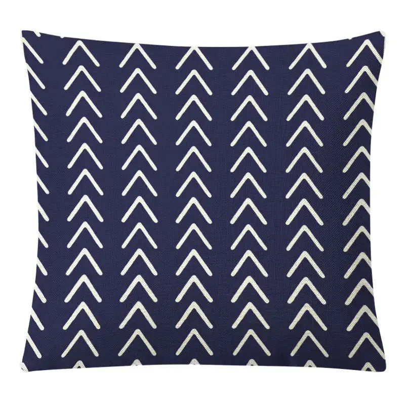 Navy blue throw pillow cover with white hand-drawn arrows in vertical columns for decorbites geometric yellow linen set