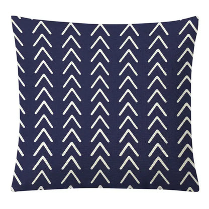 Navy blue throw pillow cover with white hand-drawn arrows in vertical columns for decorbites geometric yellow linen set