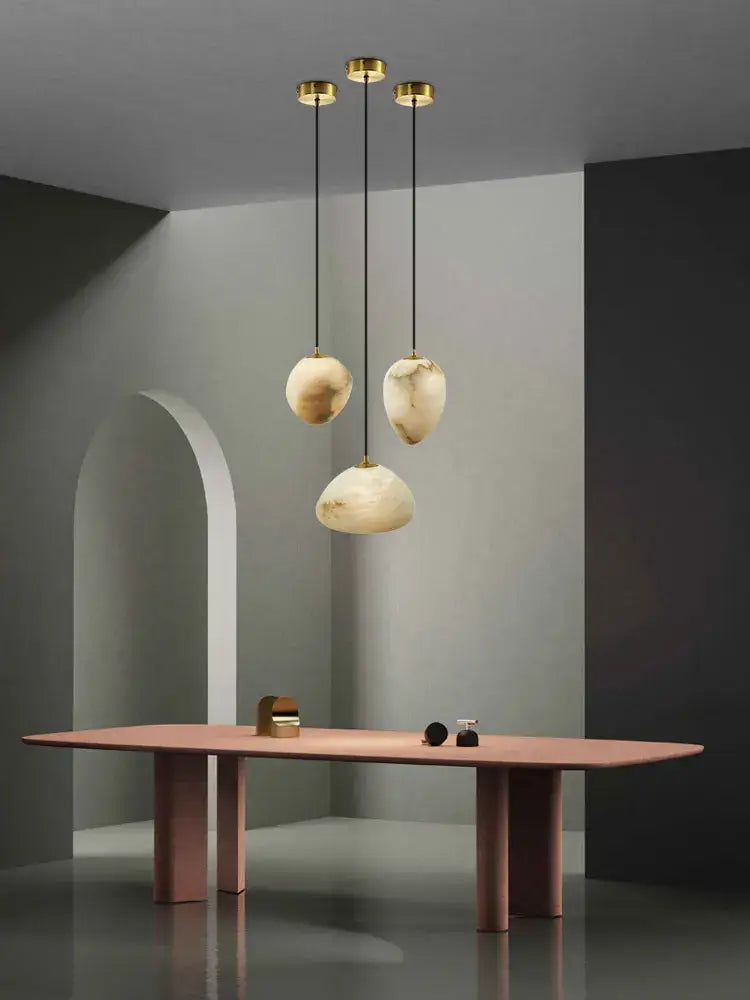 Three pendant decorbites geometry marble led chandelier with creamy white beige irregular marble shades for kitchen island