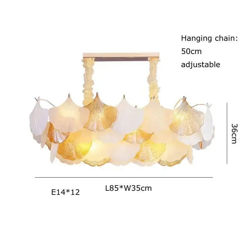 Elegant dimmable chandelier with ginkgo leaf gold and white shades on wooden frame by decorbites ginkgo art for dining room decor
